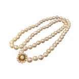 A PEAR SHAPED SEA PEARL NECKLACE With 9ct gold clasp, inset with a central round pearl with seed