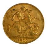 AN EDWARDIAN 22CT GOLD SOVEREIGN COIN, DATED 1910 With King Edward VII bust and George and Dragon to