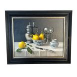 ANNE SONGHURST, B. 1946, OIL ON BOARD Titled ‘Ming Bowl With Lemons’, still life, bearing label