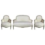 A 19TH CENTURY FRENCH LOUIS XV DESIGN CARVED WOOD AND PAINTED UPHOLSTERED THREE PIECE SUITE