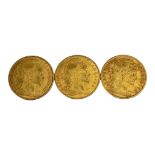 A COLLECTION OF THREE 19TH CENTURY FRENCH 22ct GOLD TEN FRANC COINS, DATED 1907, 1900 AND 1900
