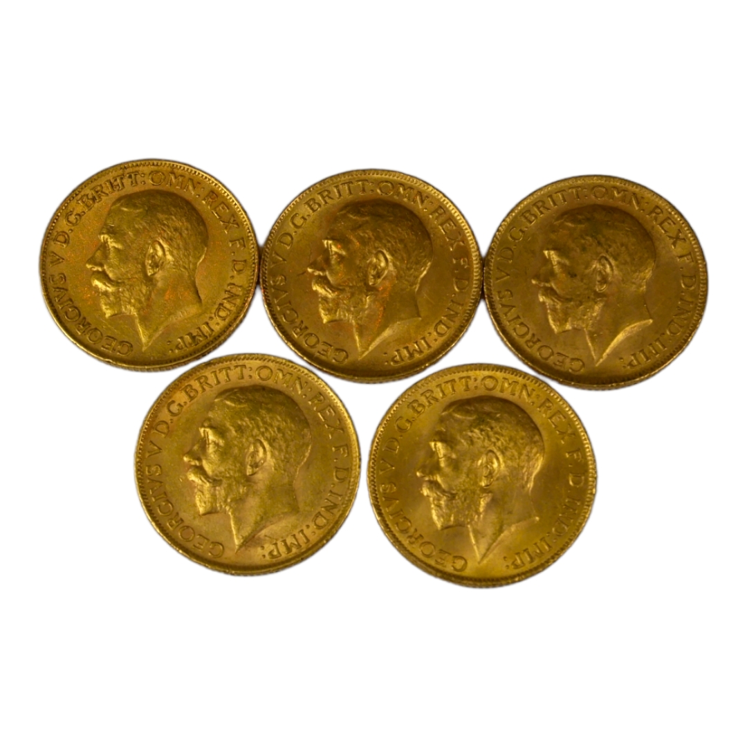 A COLLECTION OF FIVE EARLY 20TH CENTURY 22ct GOLD SOVEREIGN COINS, DATED 1912 With King George V - Image 2 of 3