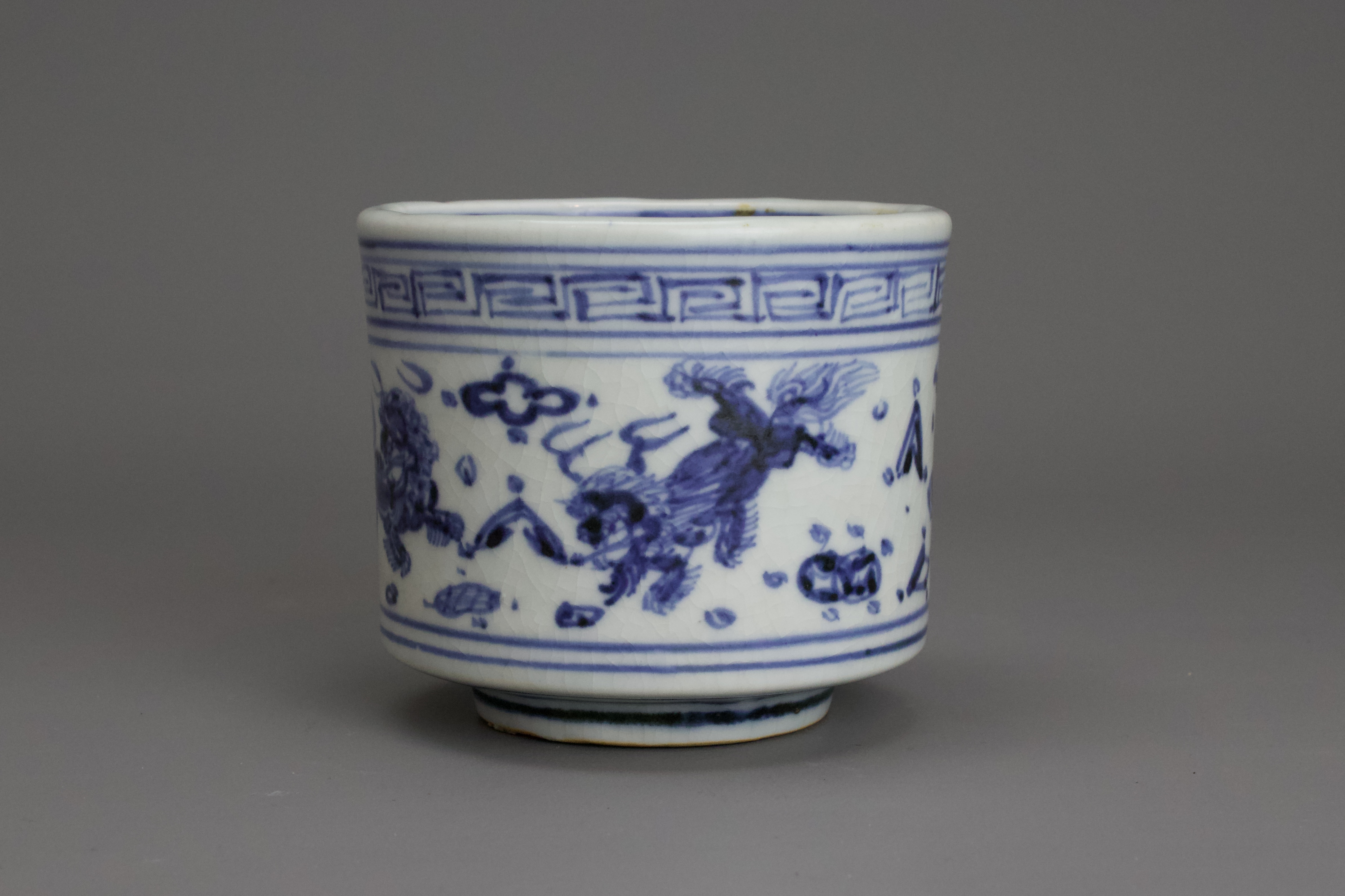 A Rare Blue and White Lions Censer, Tianshun W:9.7cm of stoutly potted cylindrical form, the sides - Image 6 of 9