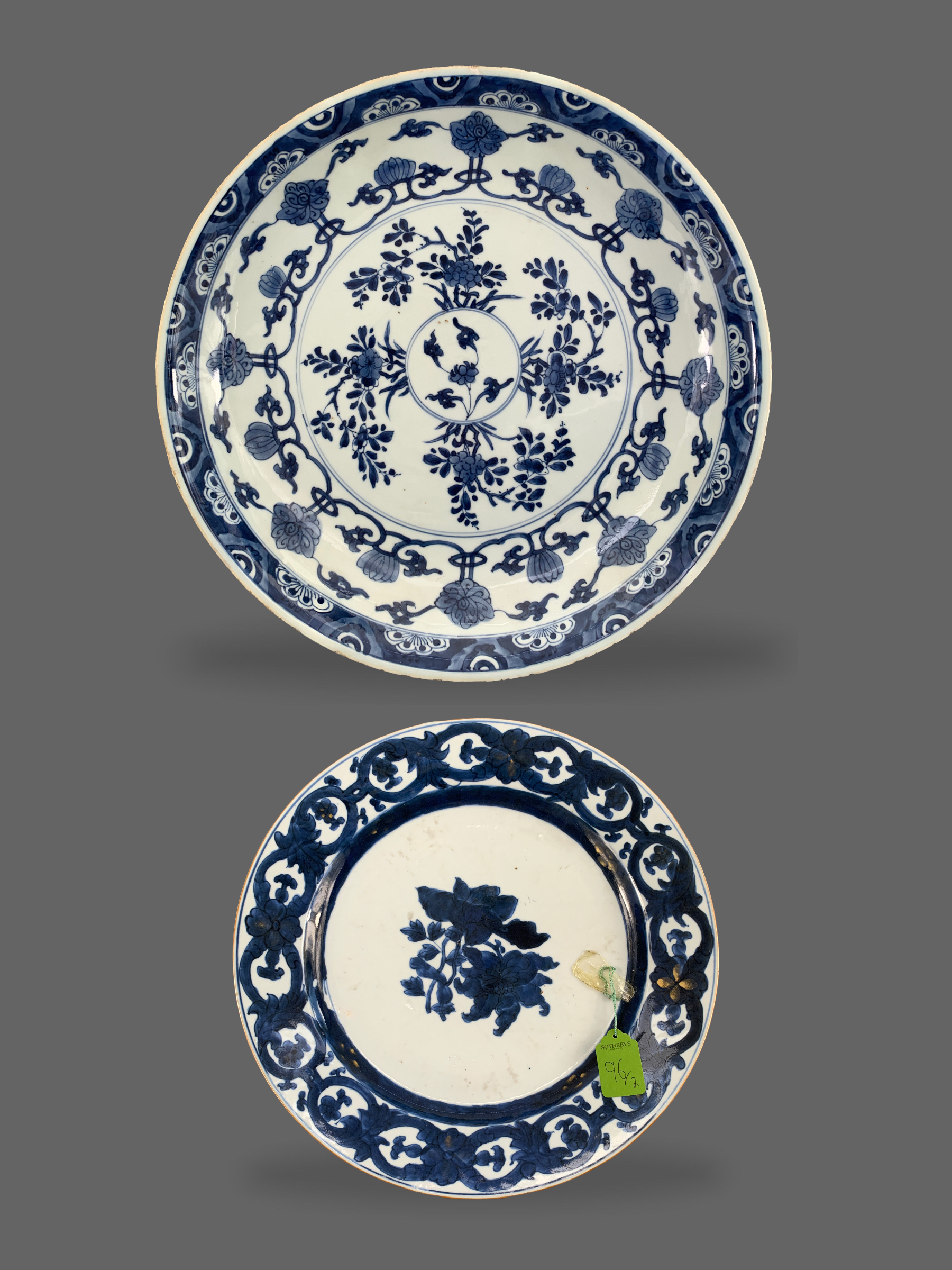 A blue and white Saucer Dish, and a blue and white Plate, Kangxi The largest D:36cm the dish with