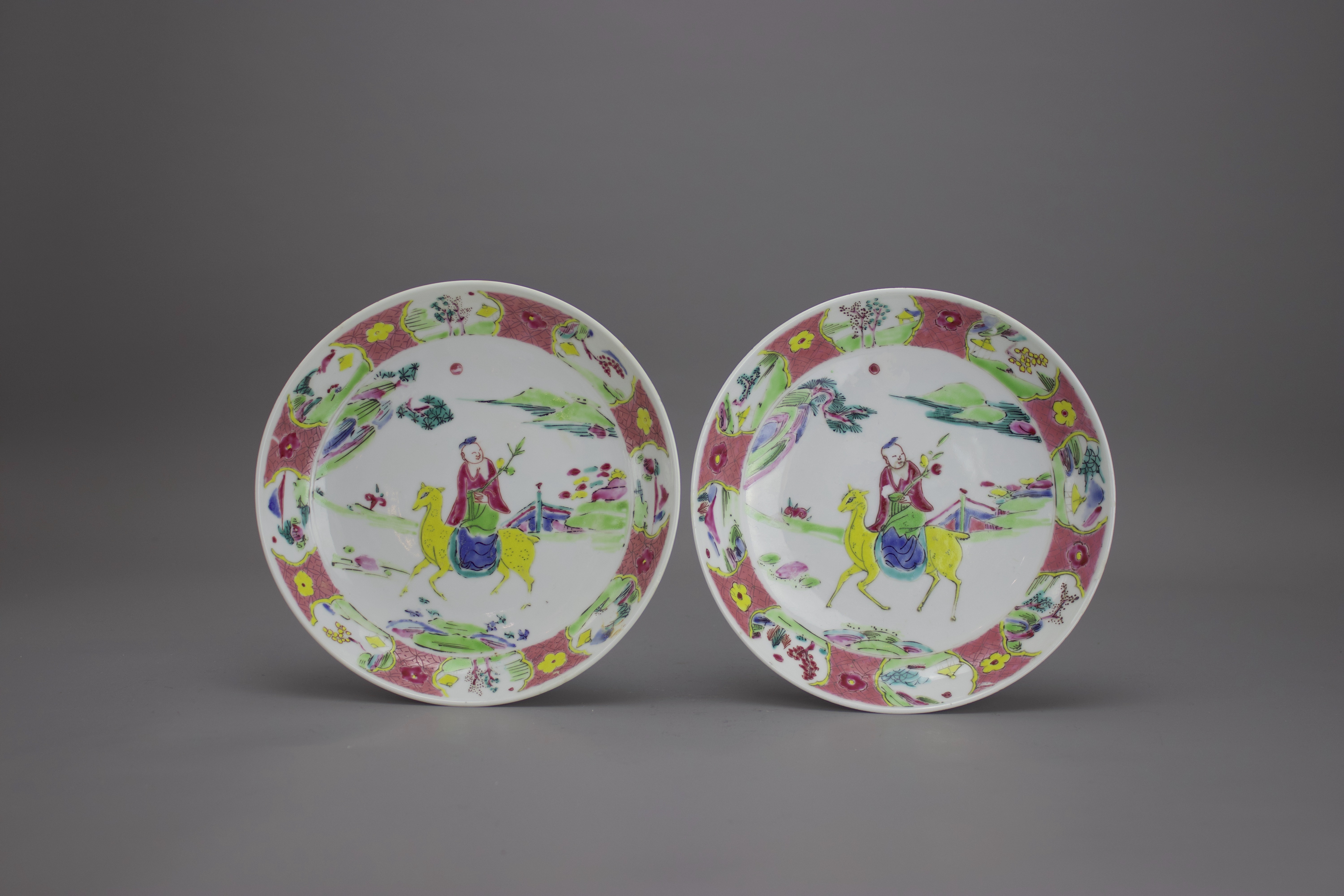 A Pair of 'famille rose' Saucer Dishes, Yongzheng W: 16.2cm brightly enamelled with a boy riding a - Image 2 of 4