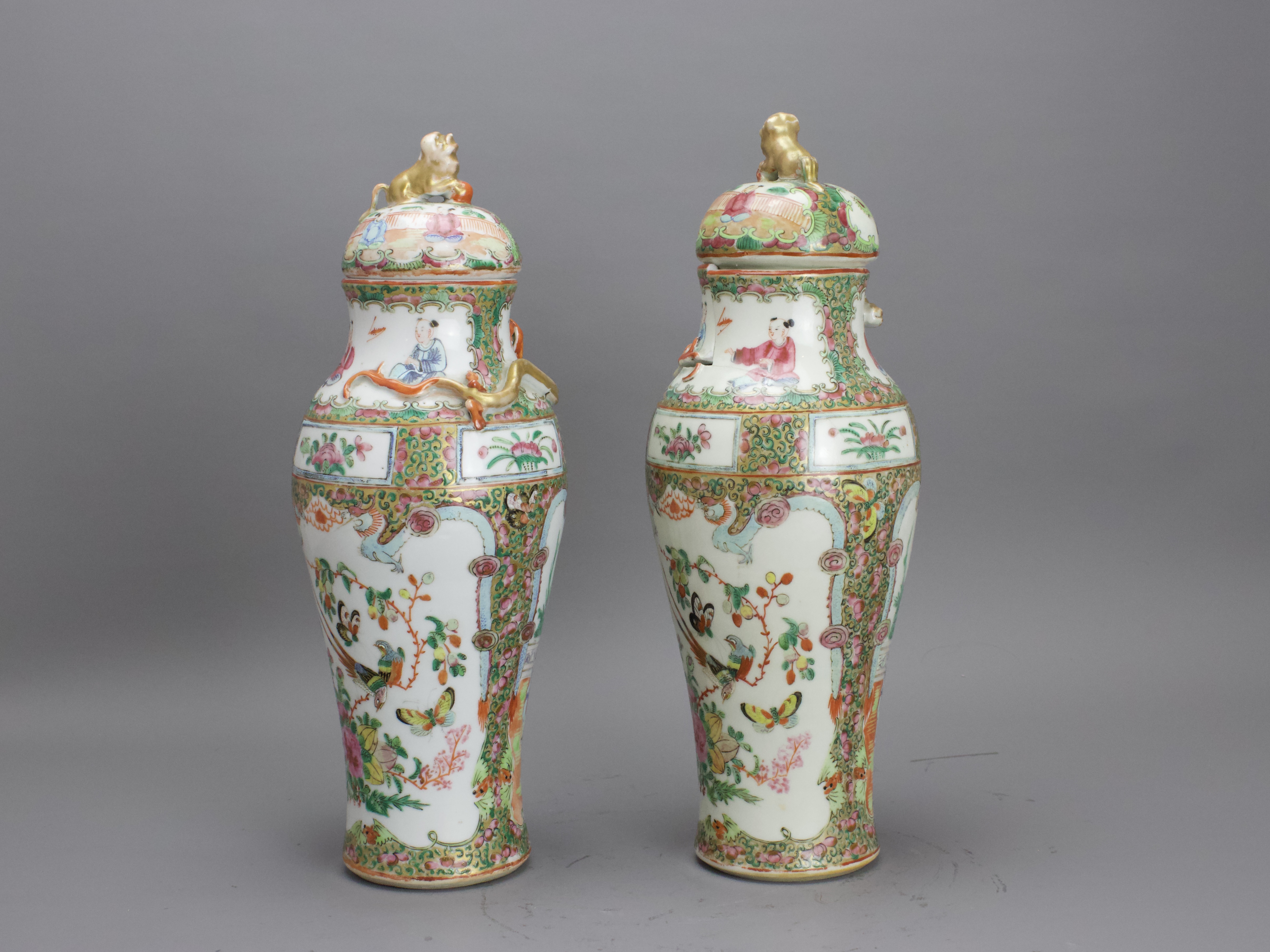 A Pair of Canton 'famille rose' Vases and Covers, Late Qing H: 30cm.overall of baluster form, - Image 3 of 8