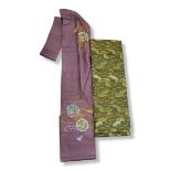 TWO VINTAGE CHINESE EMBROIDERED FABRIC OBI Green ground Obi decorated with pairs of cranes in a