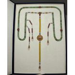 A Court Necklace, chaozhu, Qing dynasty with mottled pale green jadeite beads, some rose quartz or