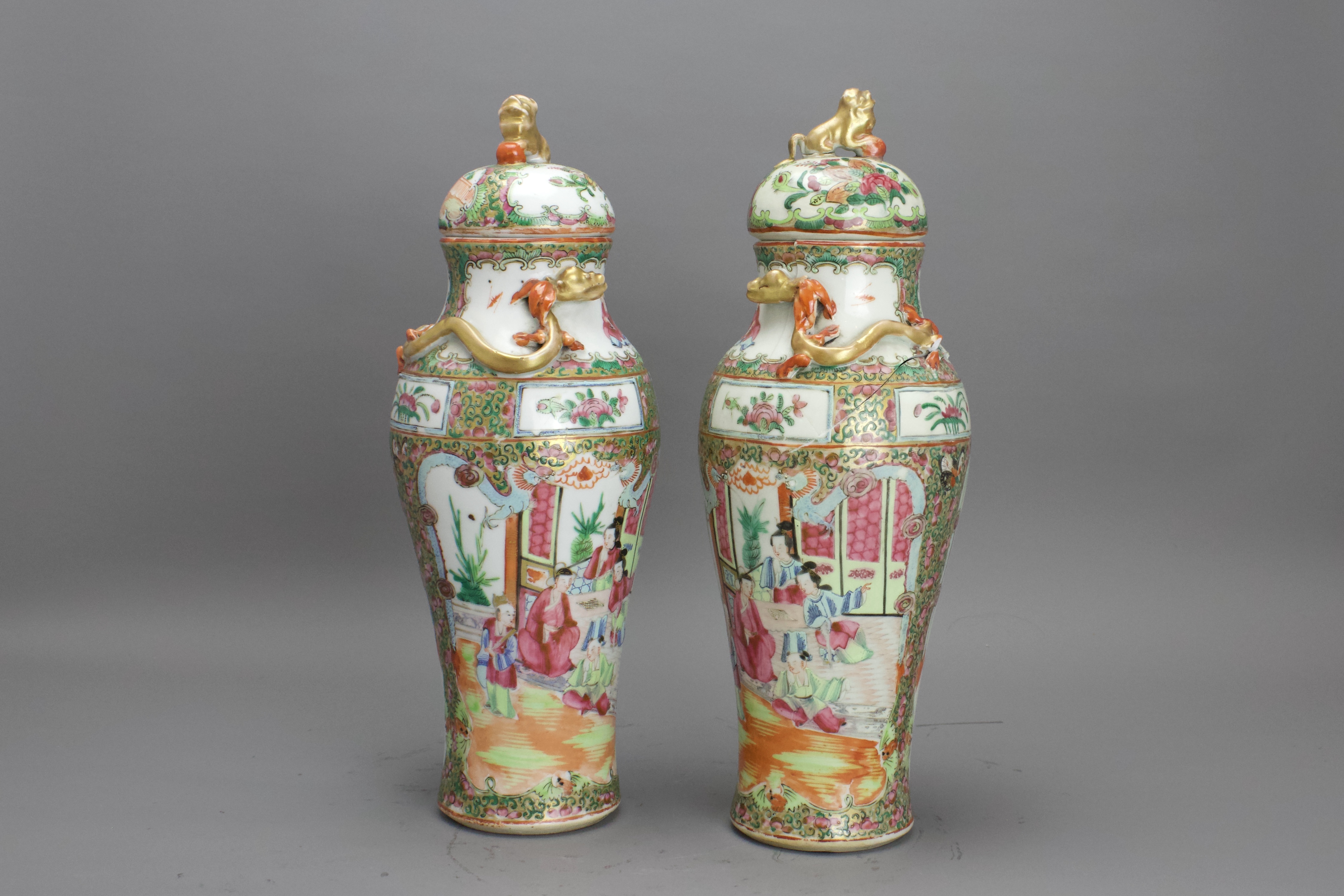 A Pair of Canton 'famille rose' Vases and Covers, Late Qing H: 30cm.overall of baluster form, - Image 8 of 8
