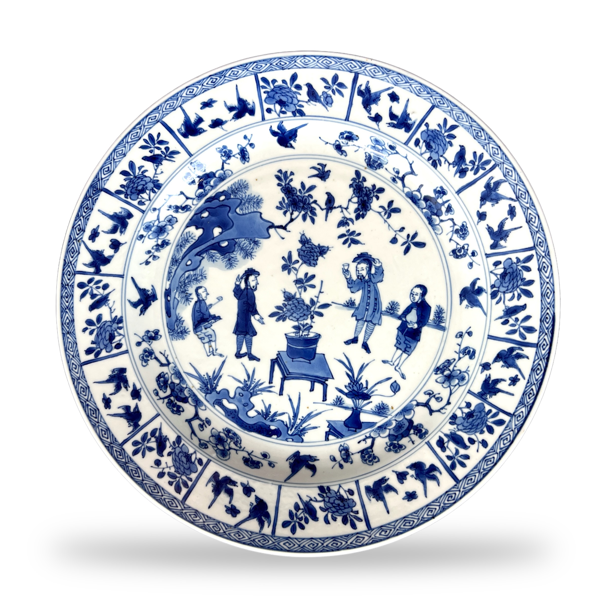 A Blue and White European Subject Plate, Kangxi W:26cm well painted in good blue with two Dutch