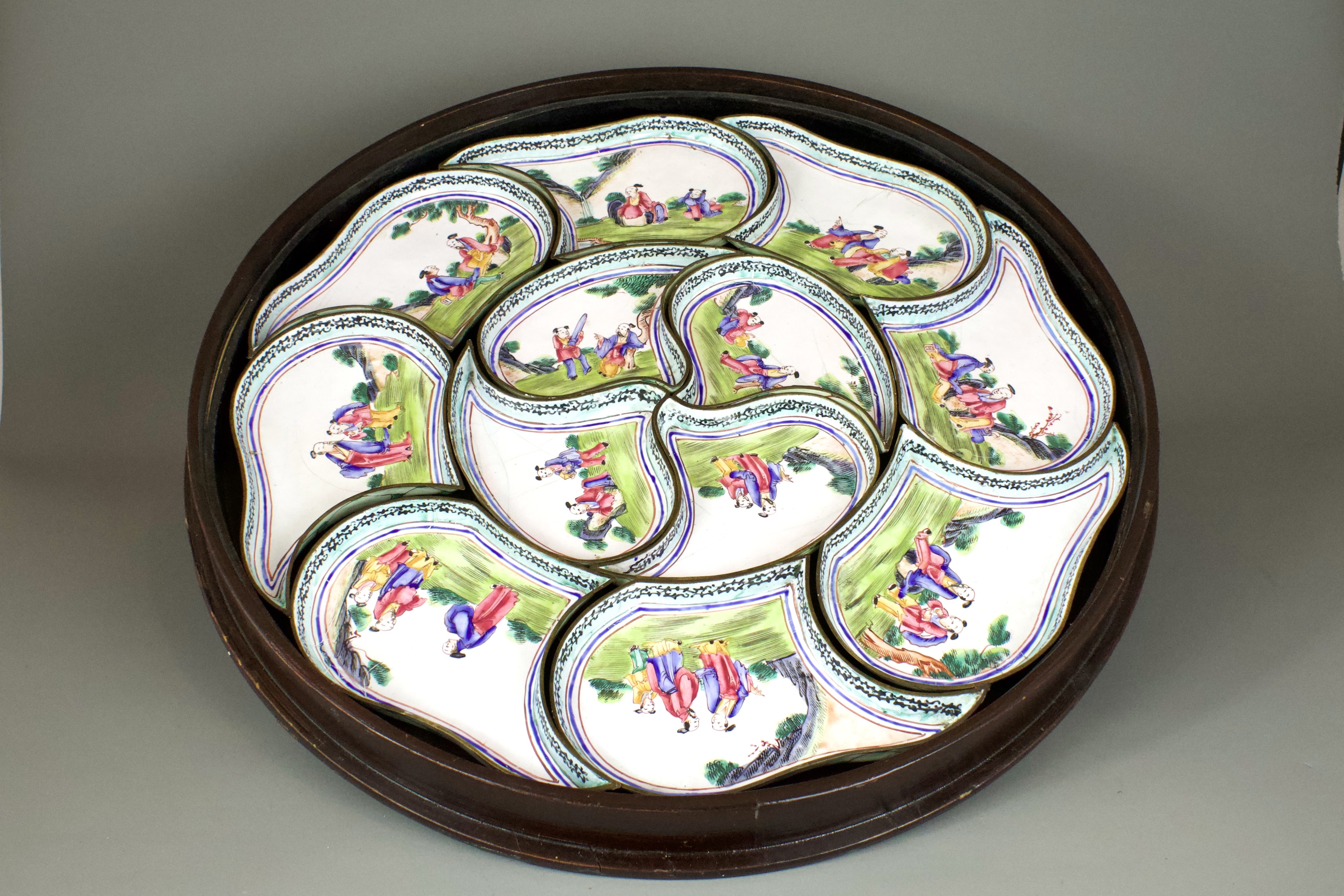 A Canton Enamel Supper Set, 18th century W:43cm of twelve shaped pieces, which join to make the - Image 2 of 7