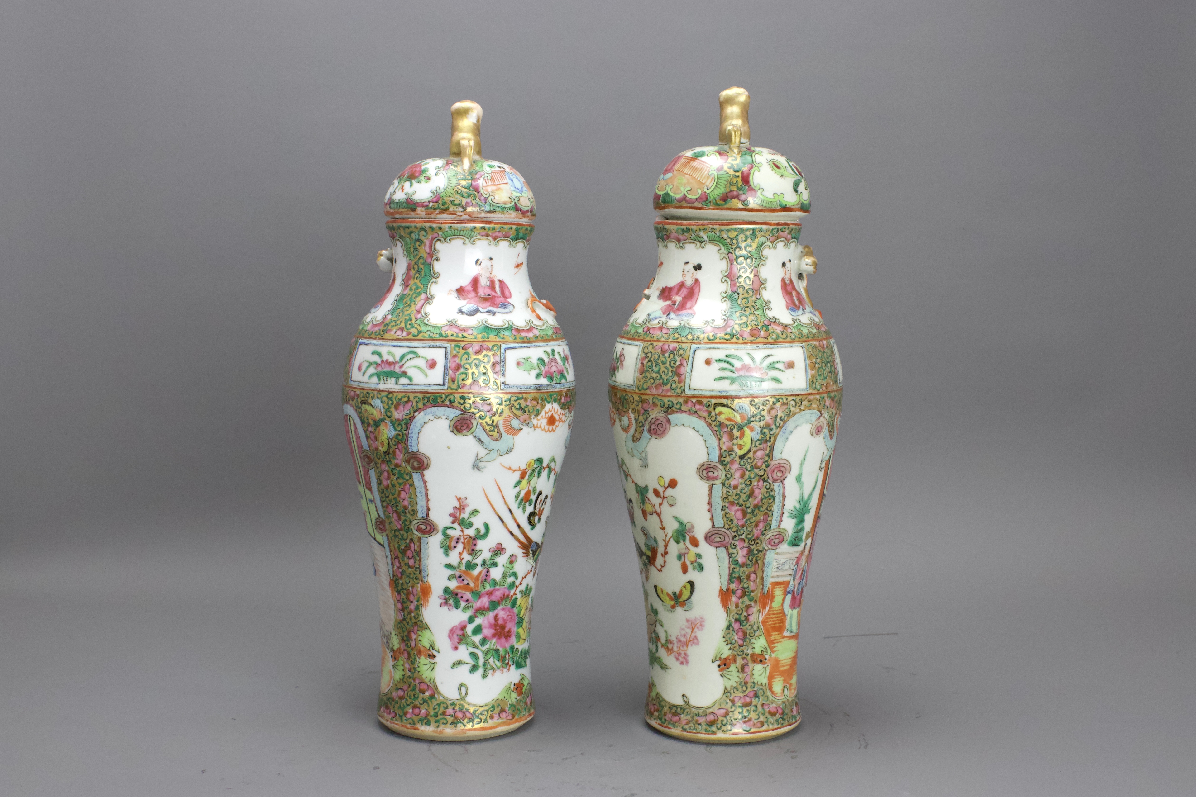 A Pair of Canton 'famille rose' Vases and Covers, Late Qing H: 30cm.overall of baluster form, - Image 7 of 8