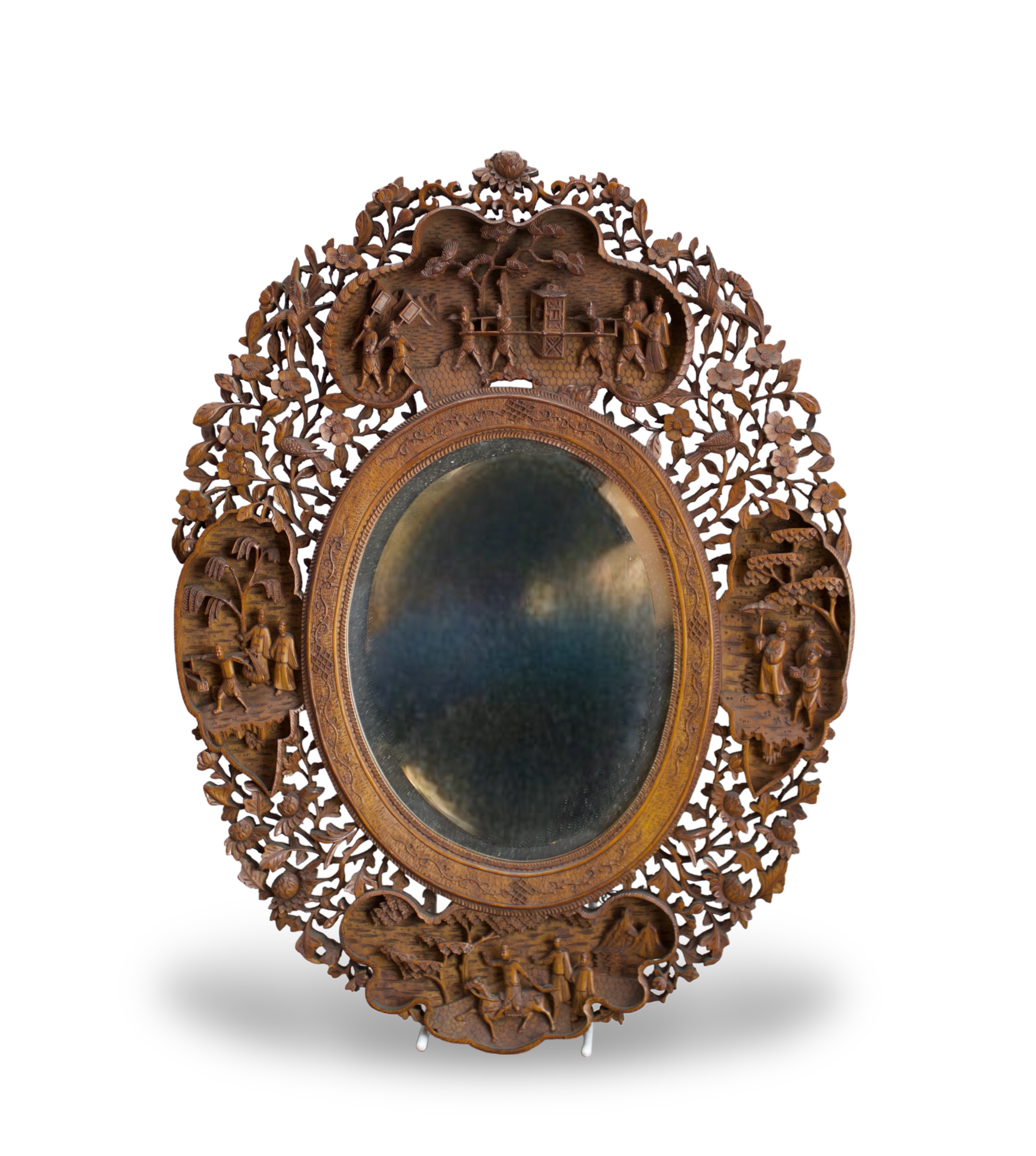 A carved fruitwood Mirror Frame, 19th century H: 38cm of shaped oval form, well carved with four