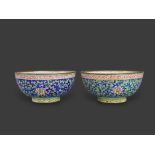 A Pair of Canton Enamel Bowls, Qing dynasty W:12.3cm the exterior with blue ground peony scroll