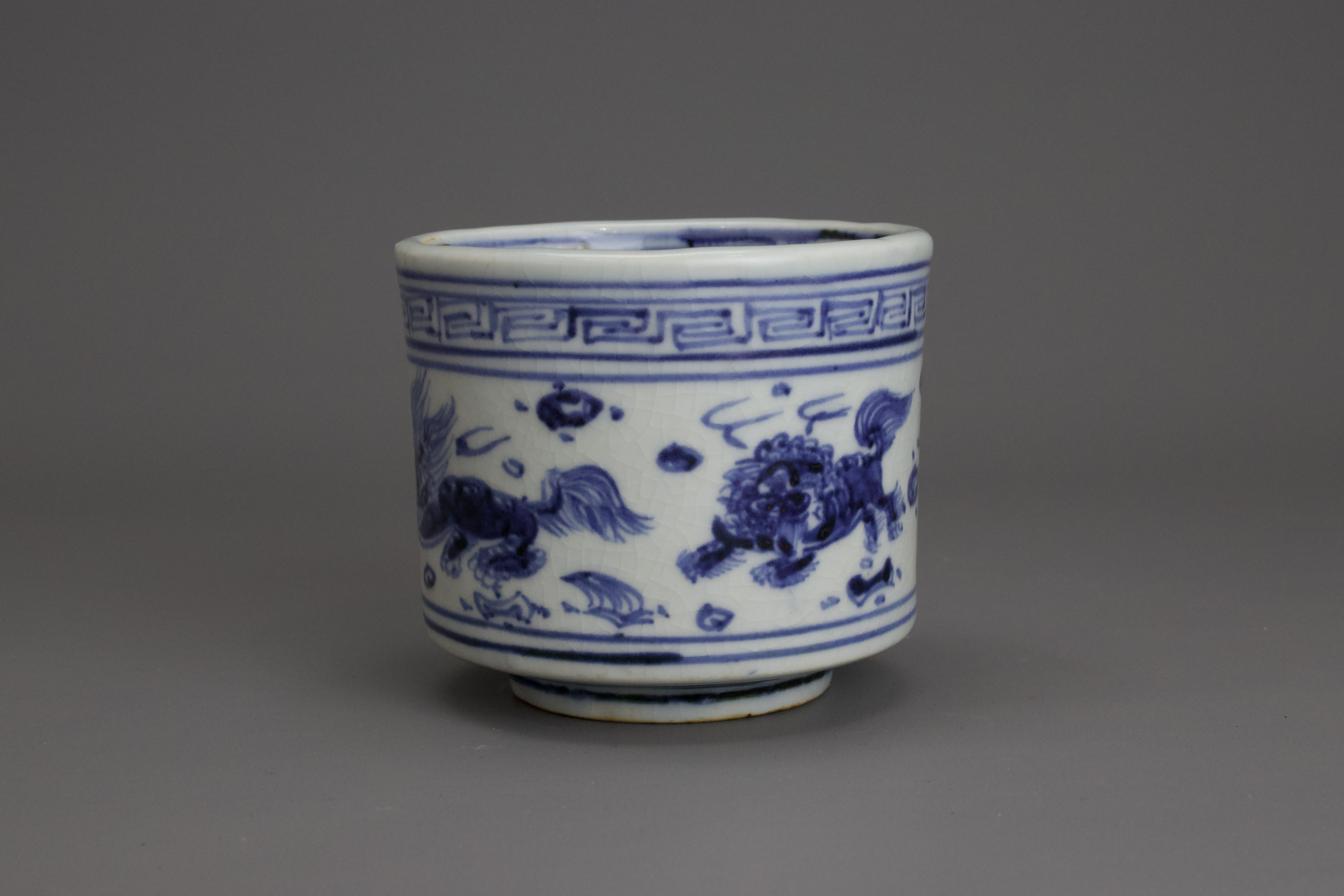 A Rare Blue and White Lions Censer, Tianshun W:9.7cm of stoutly potted cylindrical form, the sides - Image 3 of 9