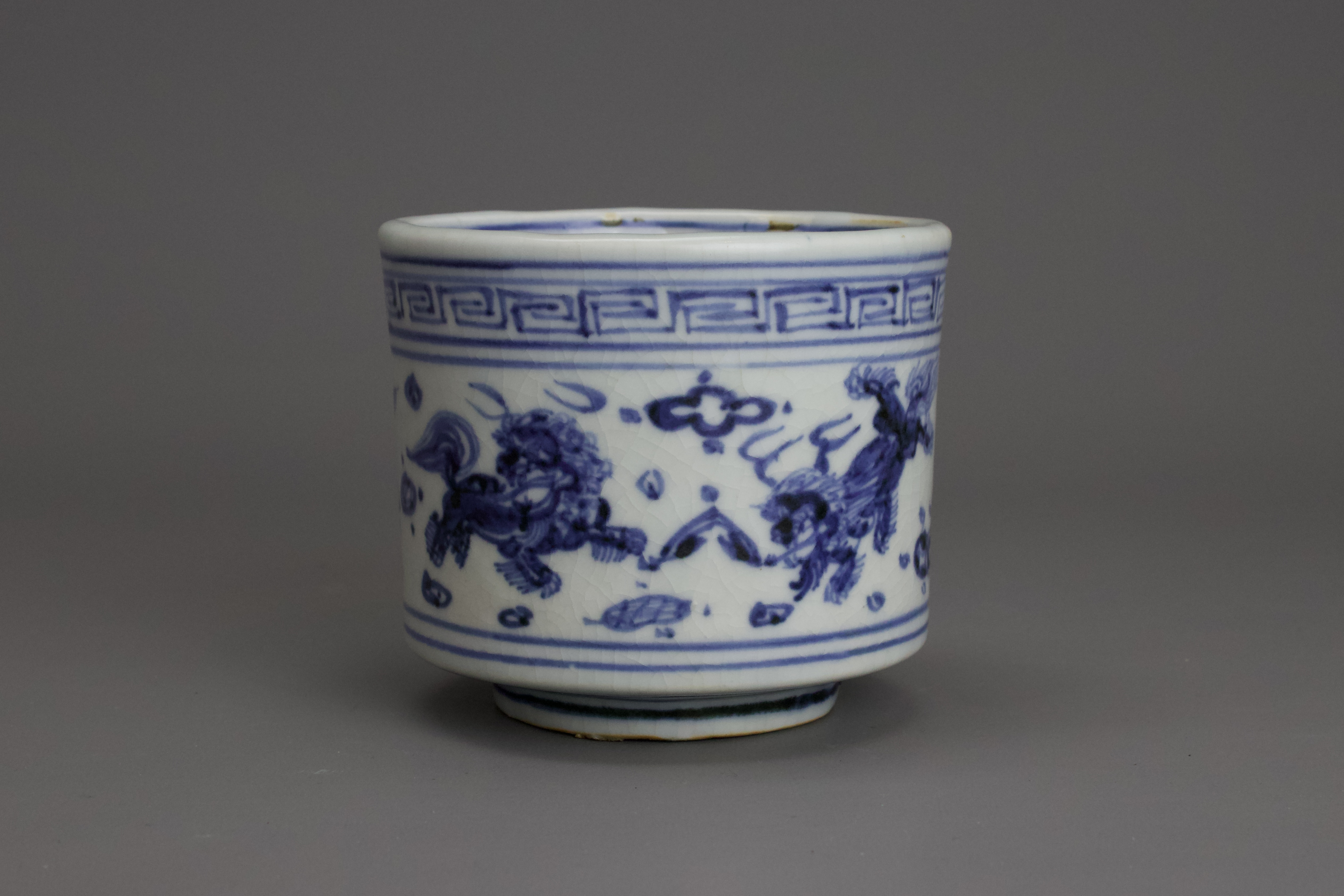 A Rare Blue and White Lions Censer, Tianshun W:9.7cm of stoutly potted cylindrical form, the sides - Image 5 of 9