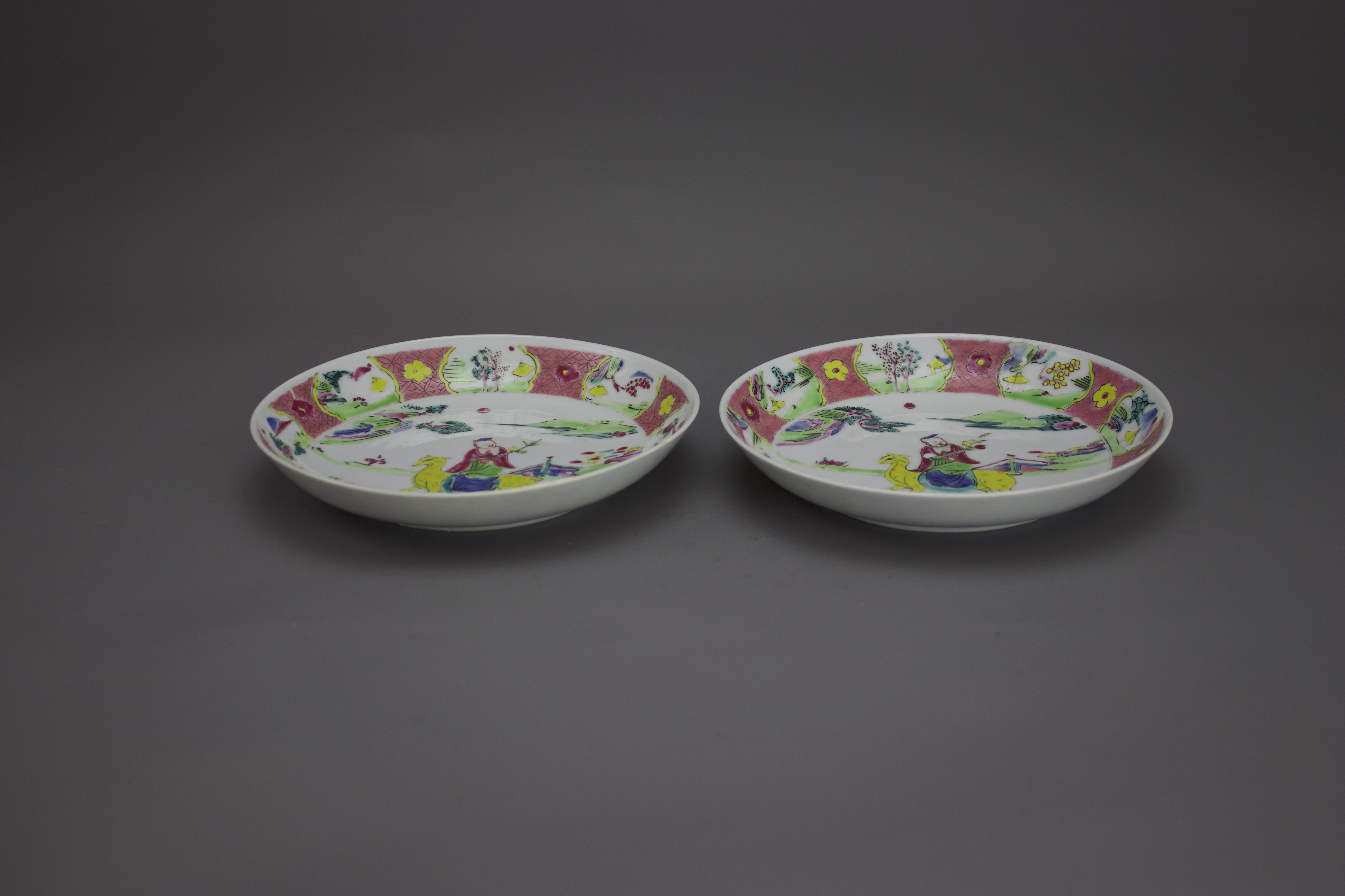 A Pair of 'famille rose' Saucer Dishes, Yongzheng W: 16.2cm brightly enamelled with a boy riding a - Image 3 of 4