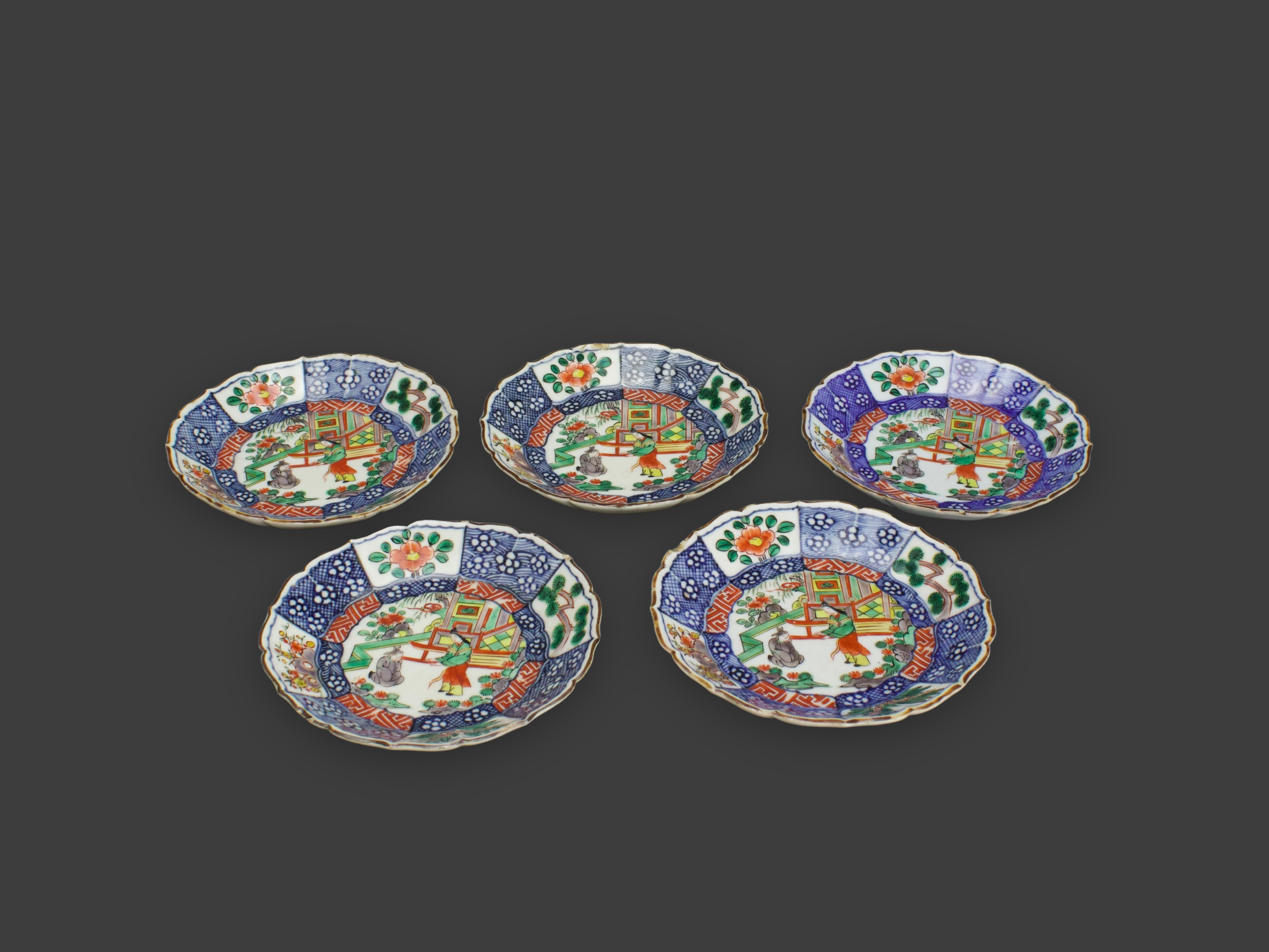 A Set of Five Japanese Arita Dishes, 19th Century W:15cm with central scene of a courtier kneeling