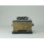 A Rectangular Bronze Incense Burner, six character mark W:16cm with straight sides, standing on four