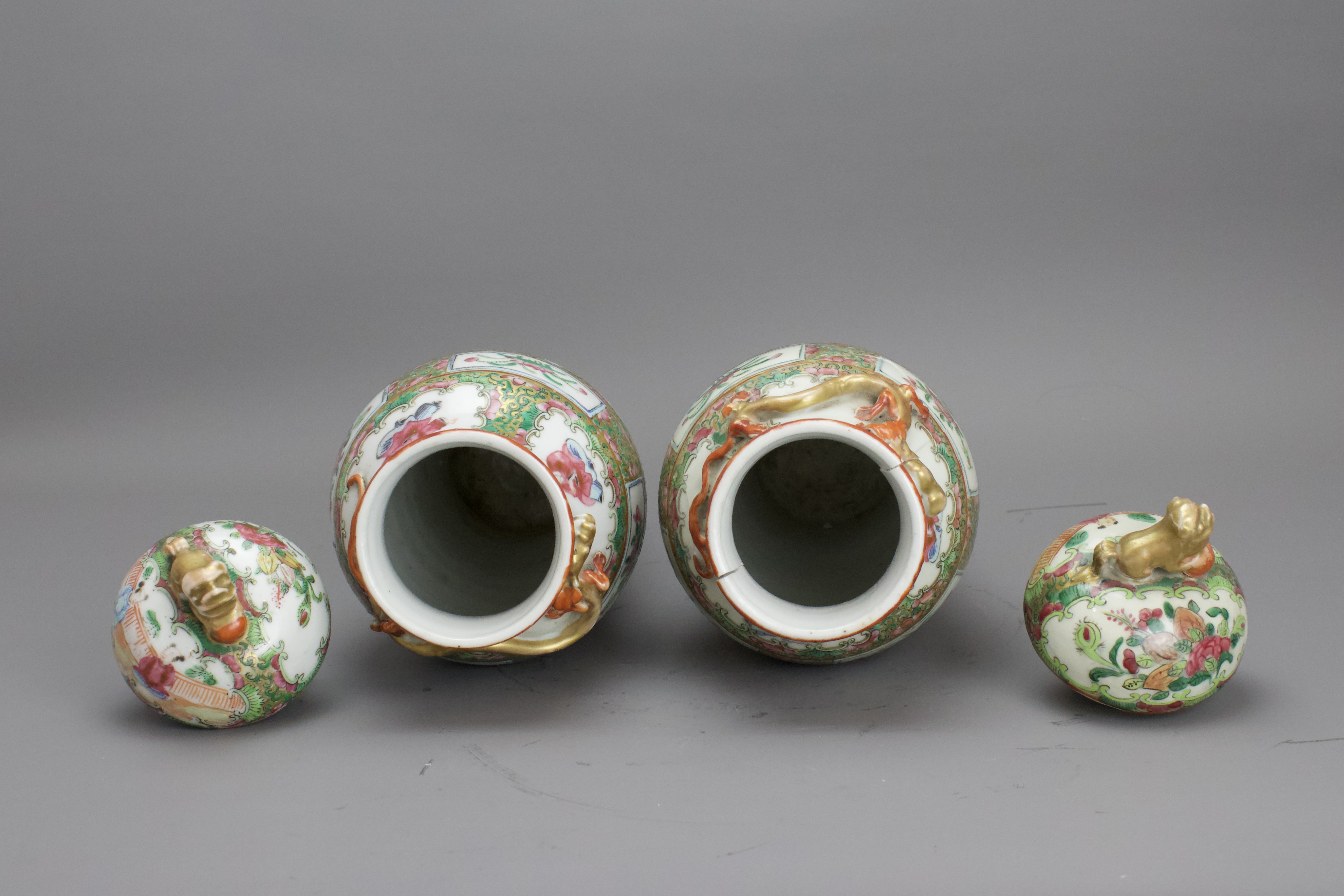 A Pair of Canton 'famille rose' Vases and Covers, Late Qing H: 30cm.overall of baluster form, - Image 2 of 8