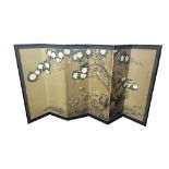 A CHINESE WATERCOLOUR AND BRONZE SIX FOLD SCREEN Hand painted decoration of flowers and fauna,