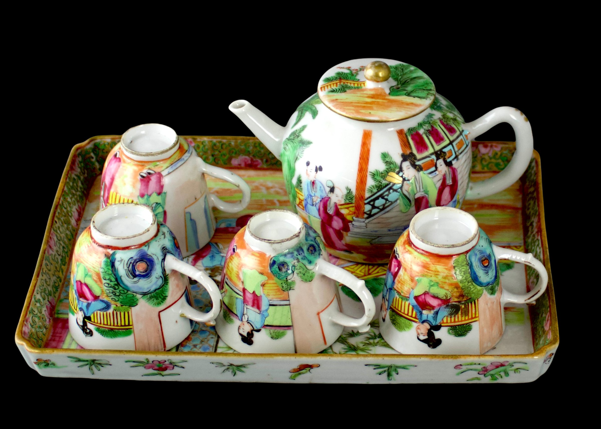 A Canton'famille rose'Teaset on Stand, 19th century The stand: W?24.5cm comprising teapot and cover,