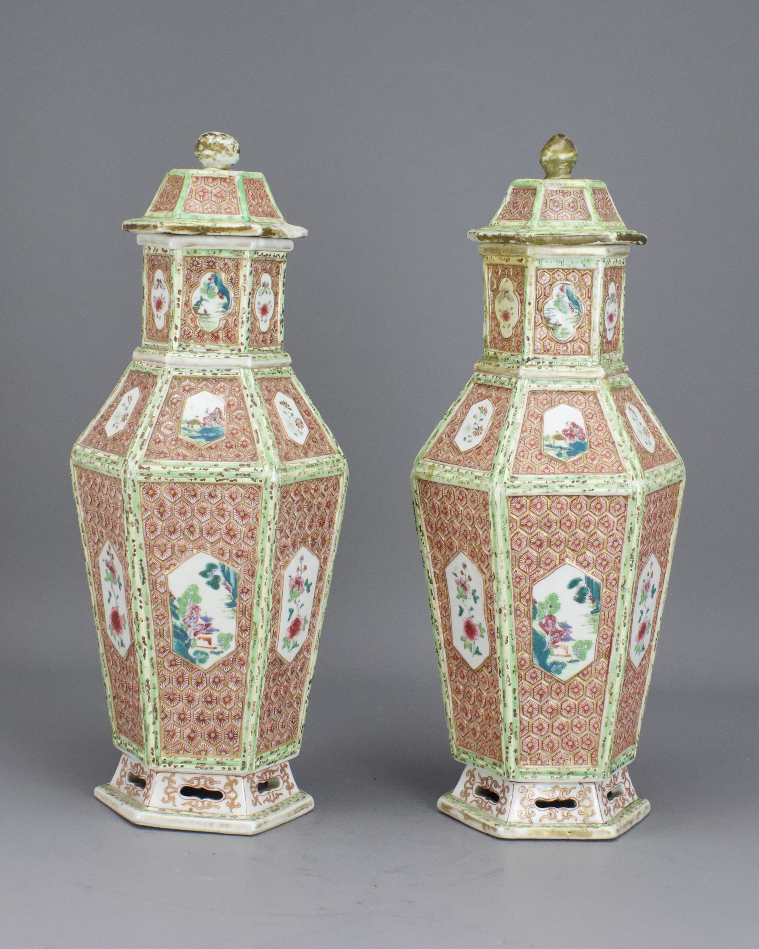 An Unusual Pair of Moulded 'famille rose' Vases and Covers, Qianlong H:30cm of baluster form and - Image 4 of 6