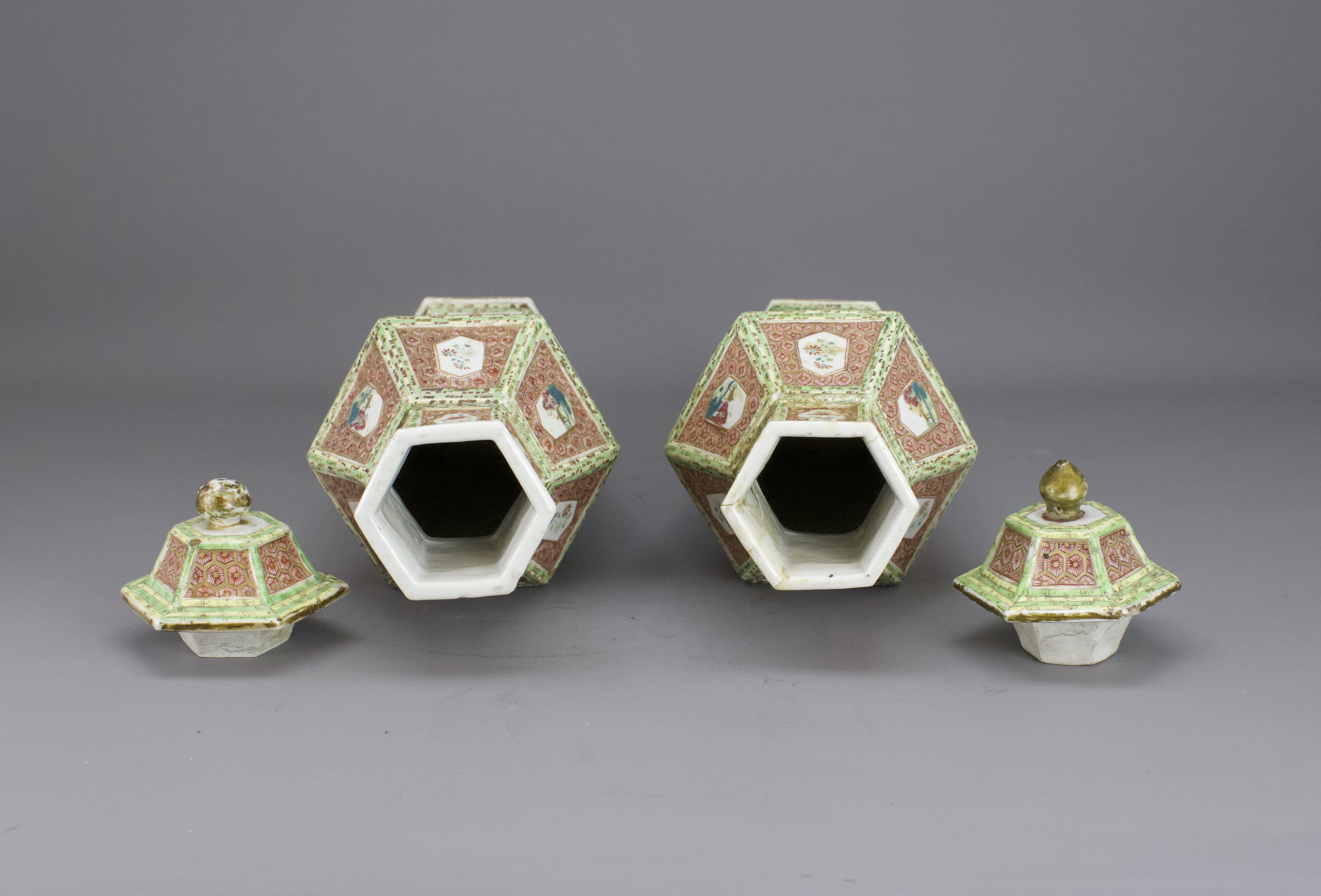 An Unusual Pair of Moulded 'famille rose' Vases and Covers, Qianlong H:30cm of baluster form and - Image 5 of 6