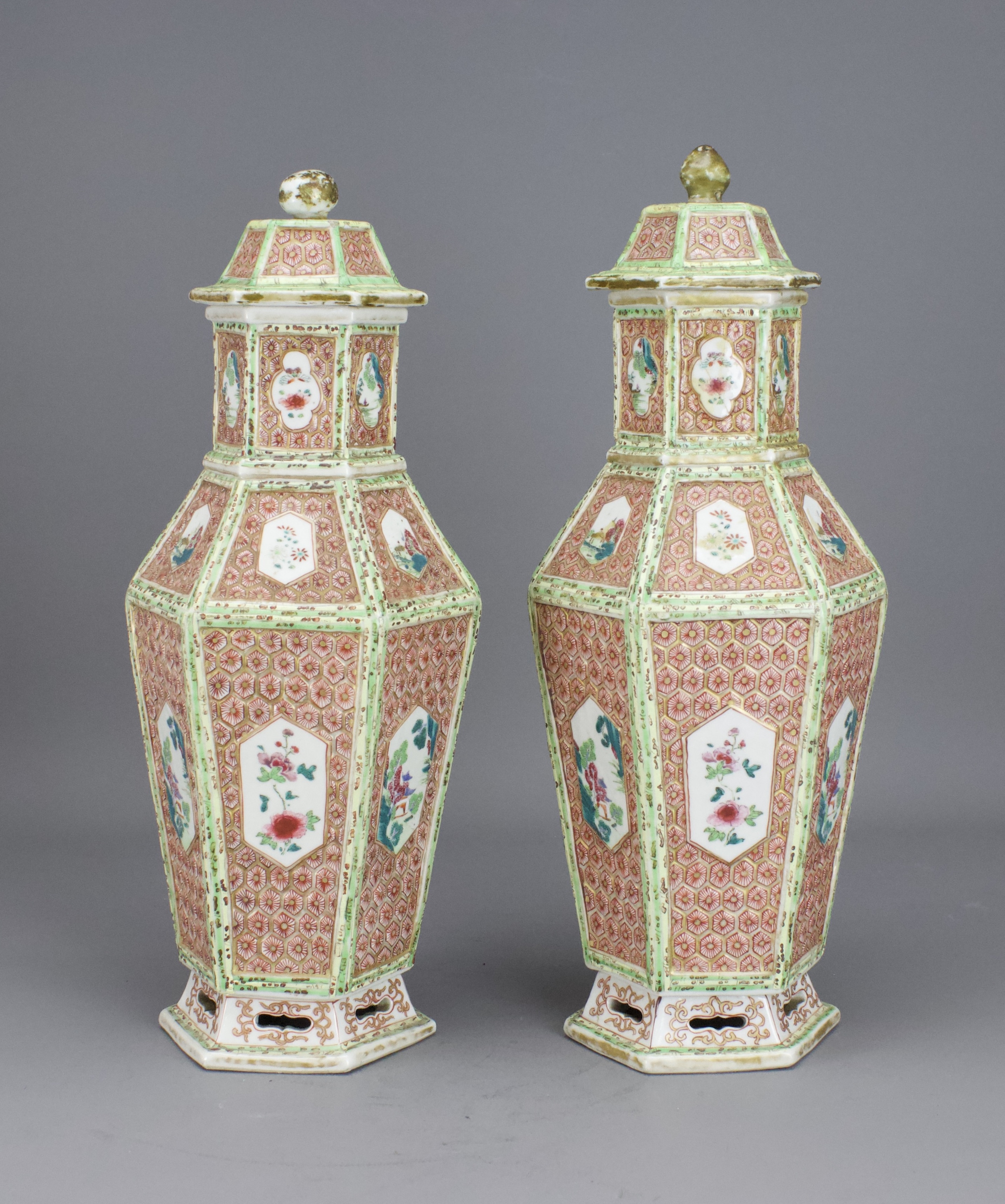 An Unusual Pair of Moulded 'famille rose' Vases and Covers, Qianlong H:30cm of baluster form and