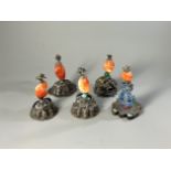 A Group of Five Carnelian Hat Finials, c.1920 the highest H:10cm each carved as a monkey or a cat,