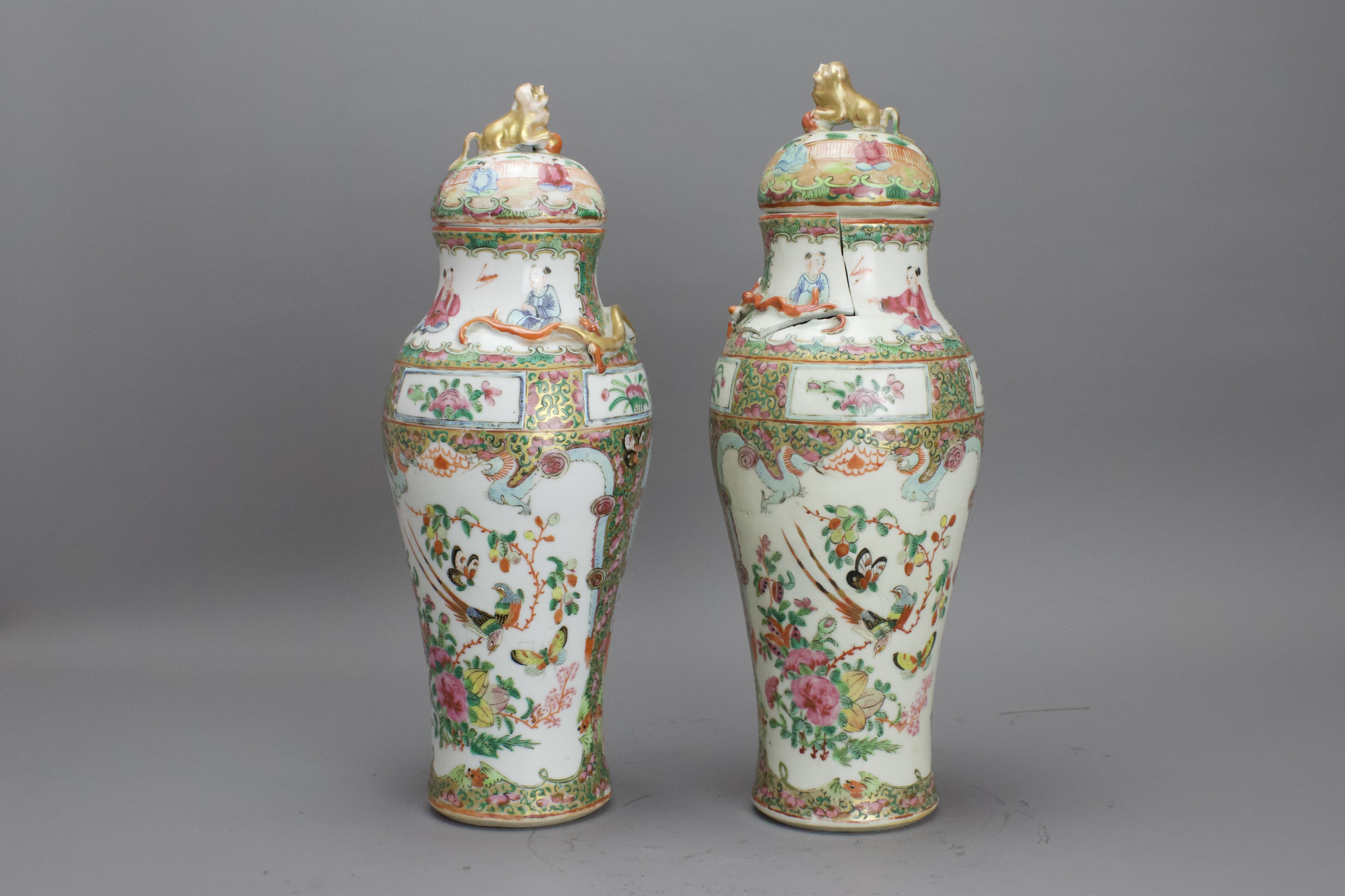 A Pair of Canton 'famille rose' Vases and Covers, Late Qing H: 30cm.overall of baluster form, - Image 5 of 8