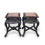 H:50cm A Pair of Marble Topped Hardwood Stands, 19th century of square section with central pink