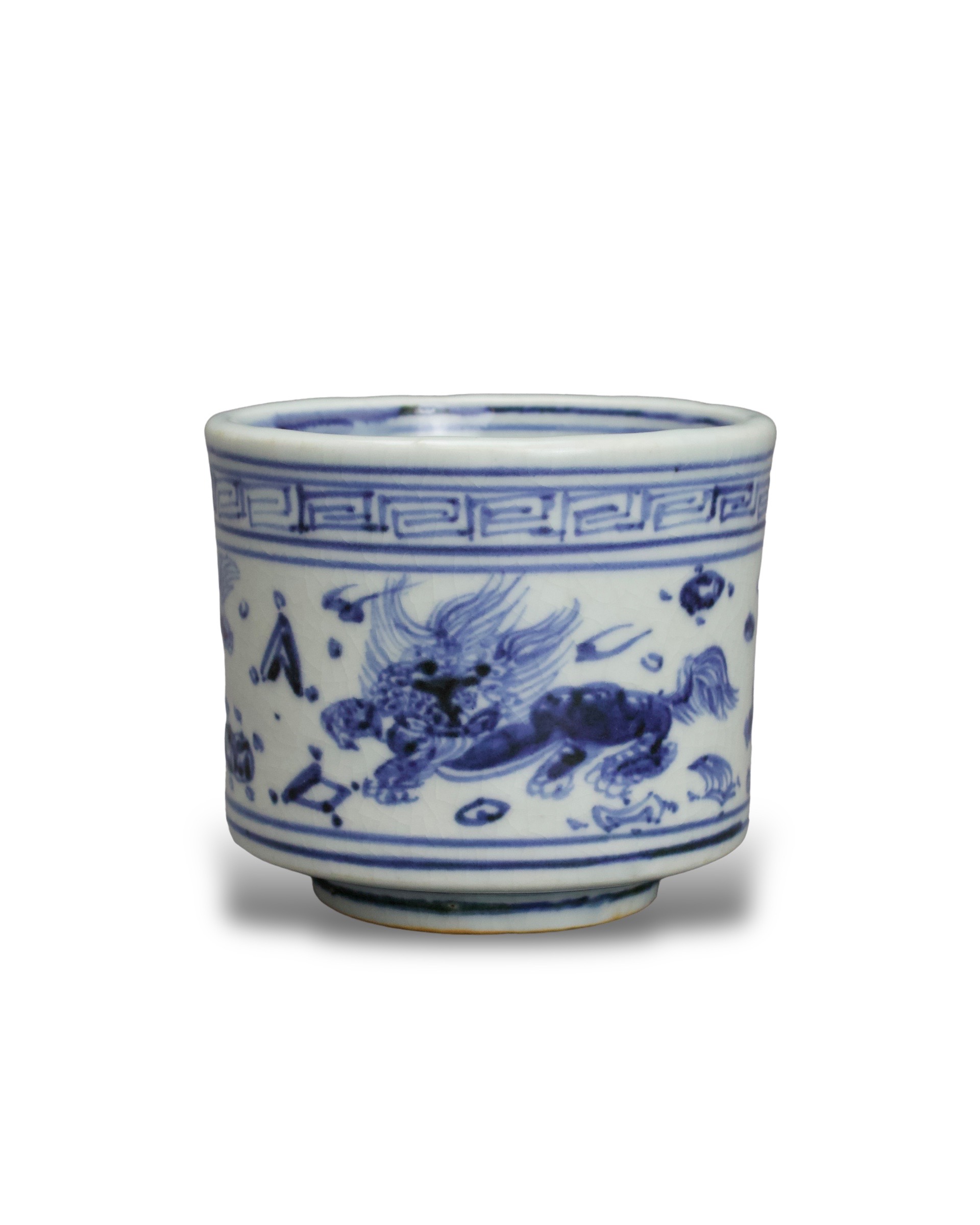 A Rare Blue and White Lions Censer, Tianshun W:9.7cm of stoutly potted cylindrical form, the sides