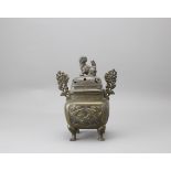 A Japanese Bronze Censer and Cover, Meiji period H:21cm Of square section, standing on four baluster