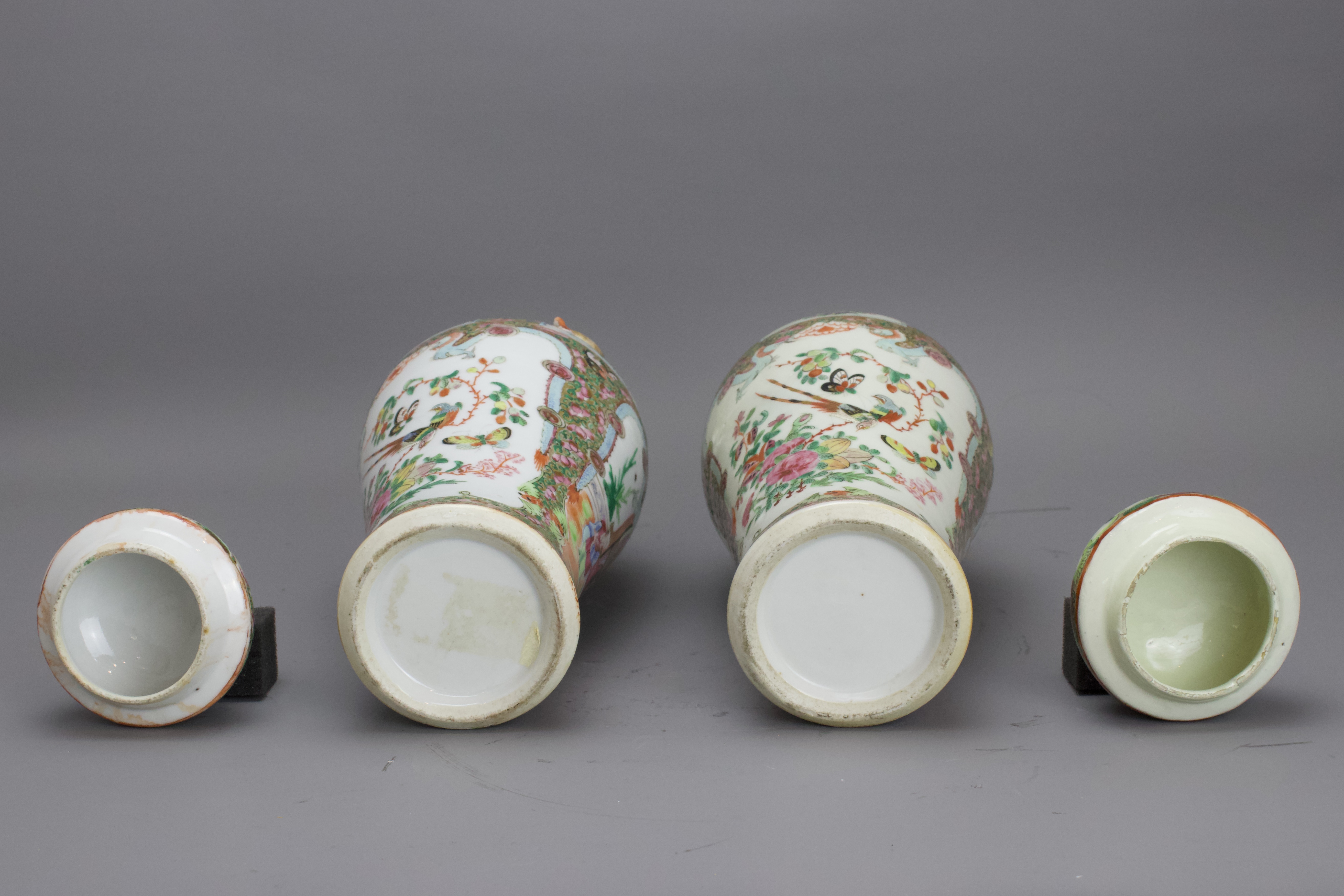 A Pair of Canton 'famille rose' Vases and Covers, Late Qing H: 30cm.overall of baluster form, - Image 4 of 8