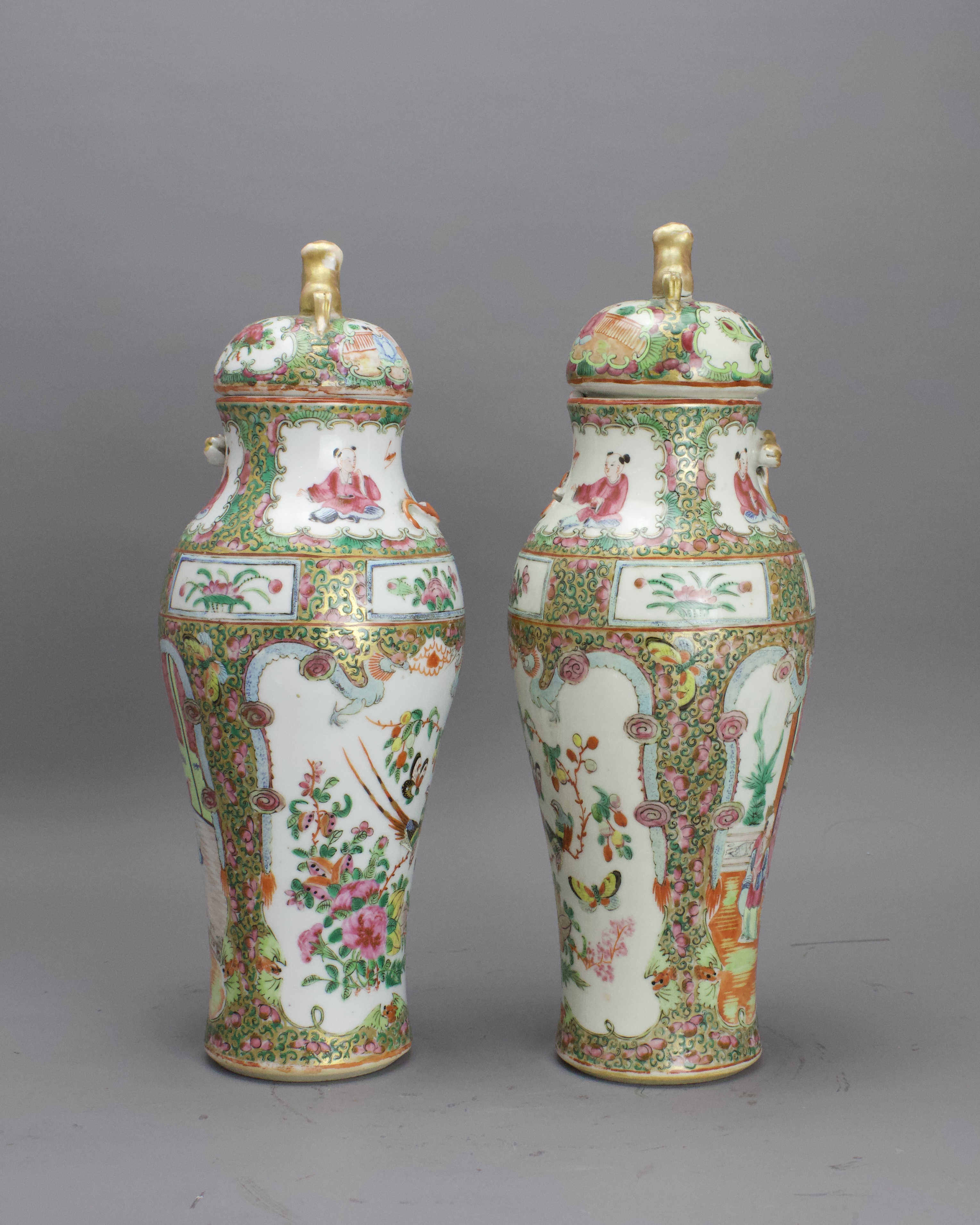 A Pair of Canton 'famille rose' Vases and Covers, Late Qing H: 30cm.overall of baluster form, - Image 6 of 8