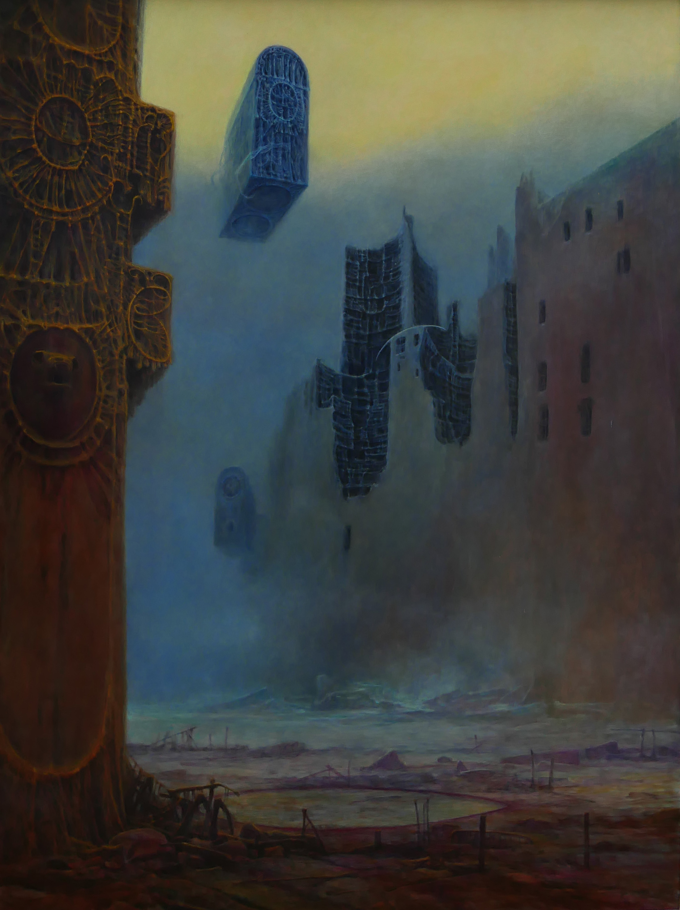 †ZDZISLAW BEKSINSKI, 1929 - 2005, POLISH, OIL ON FIBREBOARD Untitled surrealist apocalyptic