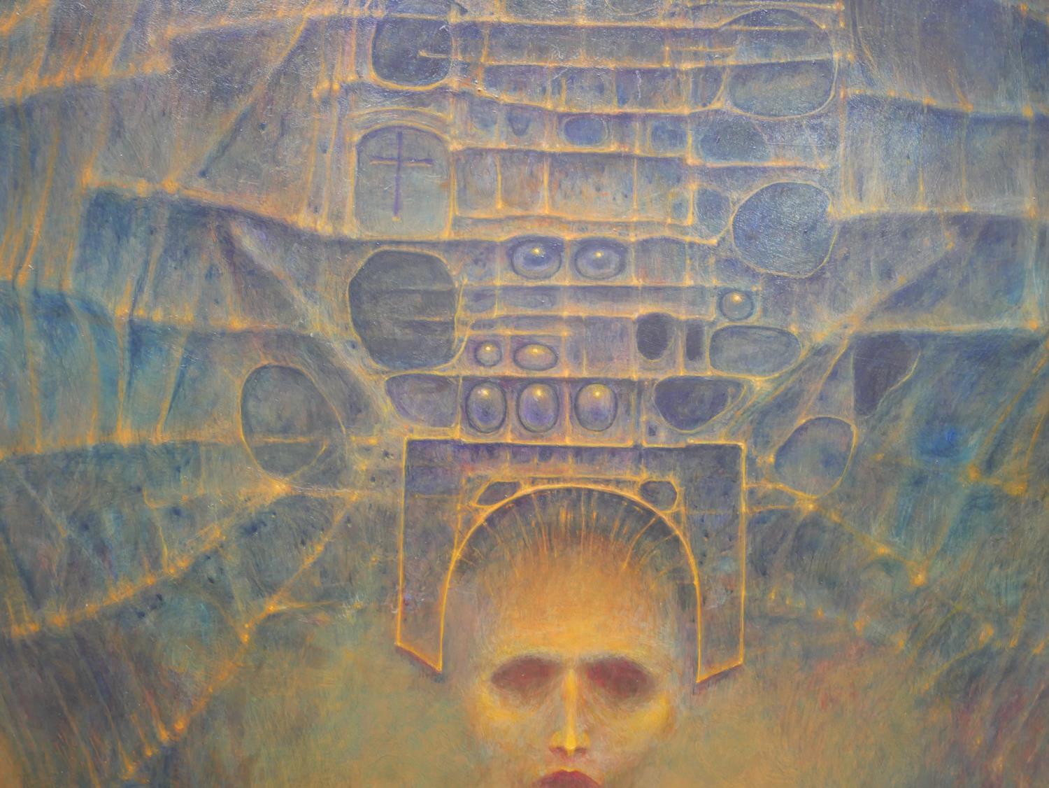 †ZDZISLAW BEKSINSKI, 1929 - 2005, POLISH, OIL ON FIBREBOARD Untitled surrealist facial portrait, - Image 5 of 13