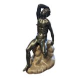 AFTER THE ANTIQUE, A 19TH CENTURY BRONZE STATUE, HERMES SEATED ON A POLISHED ROCK