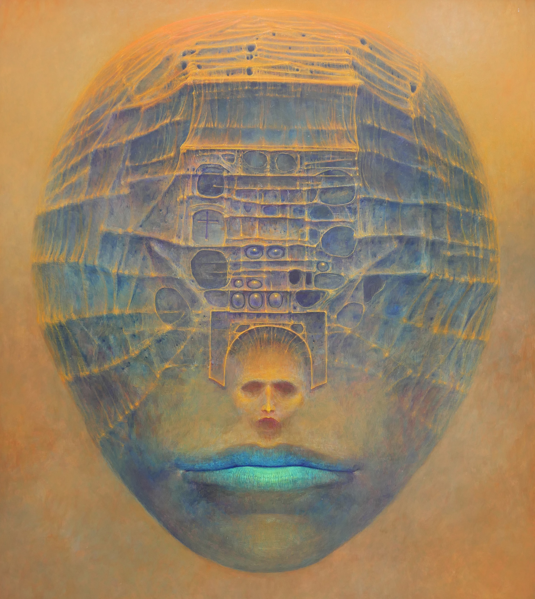 †ZDZISLAW BEKSINSKI, 1929 - 2005, POLISH, OIL ON FIBREBOARD Untitled surrealist facial portrait,