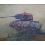 †ZDZISLAW BEKSINSKI, 1929 - 2005, POLISH, OIL ON FIBREBOARD Untitled surrealist tank, signed verso,