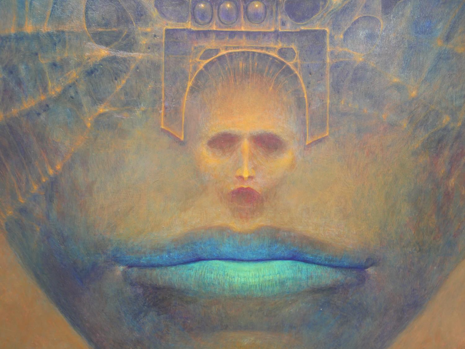 †ZDZISLAW BEKSINSKI, 1929 - 2005, POLISH, OIL ON FIBREBOARD Untitled surrealist facial portrait, - Image 4 of 13