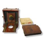 QUARTER PLATE WOODEN PLATE CAMERA WITH LENS AND CAP. Ground glass good, 1 x DDS, 1 pack of plates,