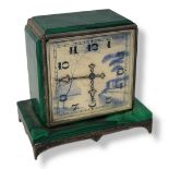 ZENITH, AN ART DECO STERLING SILVER AND MALACHITE SQUARE TRAVEL CLOCK With painted blue and white