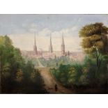 A 19TH CENTURY OIL ON CANVAS LANDSCAPE, RUSTIC VIEW, THREE CHURCH SPIRE (POSSIBLY COVENTRY). (approx