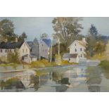 BERT WRIGHT, RSMA, BRITISH, B. 1930, WATERCOLOUR Landscape, waterfront village, signed, framed and