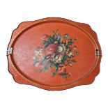 A FINE LATE 19TH CENTURY TOLEWARE TWIN HANDLED TRAY Centrally painted with a group of summer