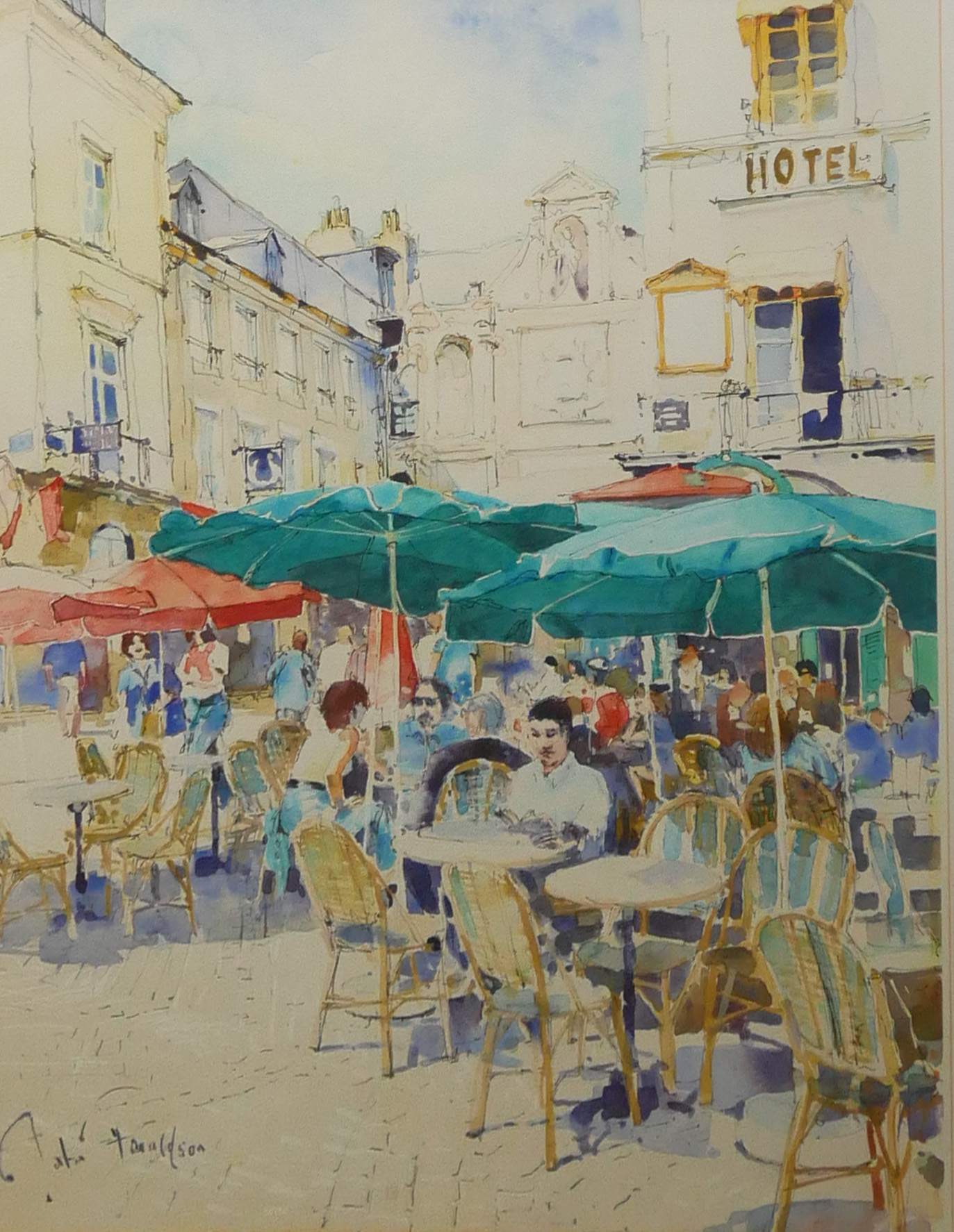 JOHN DONALDSON, B. 1945, WATERCOLOUR Titled ‘Une Rafale’, French café scene. (w 59cm x h 71cm)