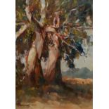 CHRISTIAN NICE, BN 1939, SOUTH AFRICA, OIL ON ARTIST BOARD LANDSCAPE Two tall trees with