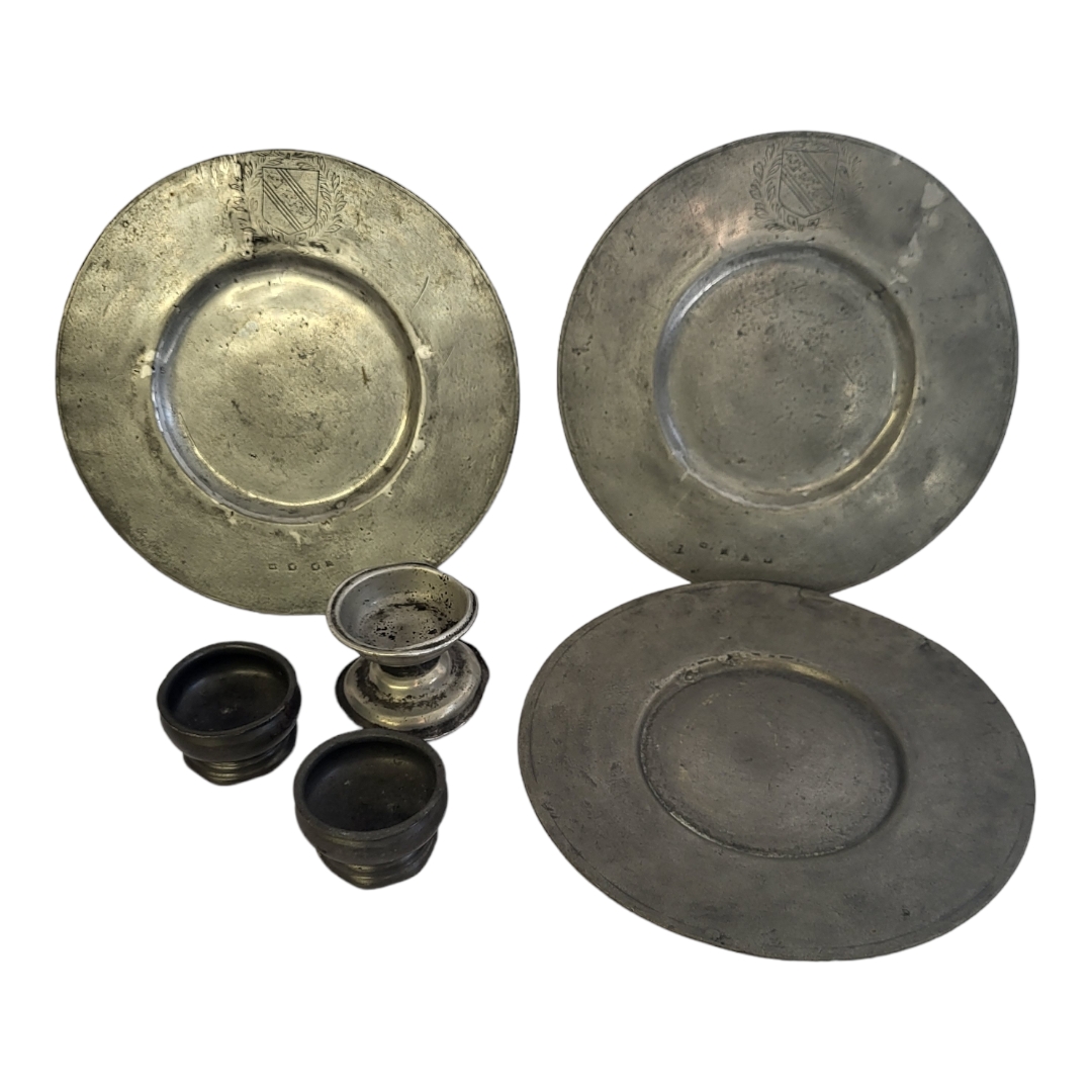 CHARLES II, 1660 - 1685, RESTORATION PERIOD, THREE ENGLISH ANTIQUE PEWTER PLATES Two plates having